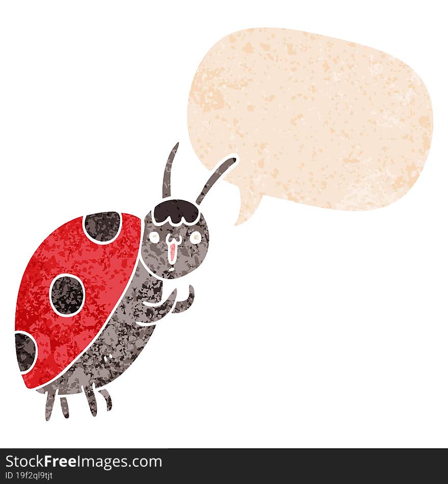 cute cartoon ladybug and speech bubble in retro textured style