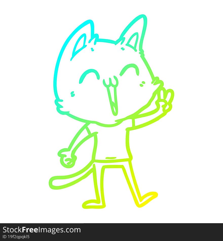 Cold Gradient Line Drawing Happy Cartoon Cat Meowing