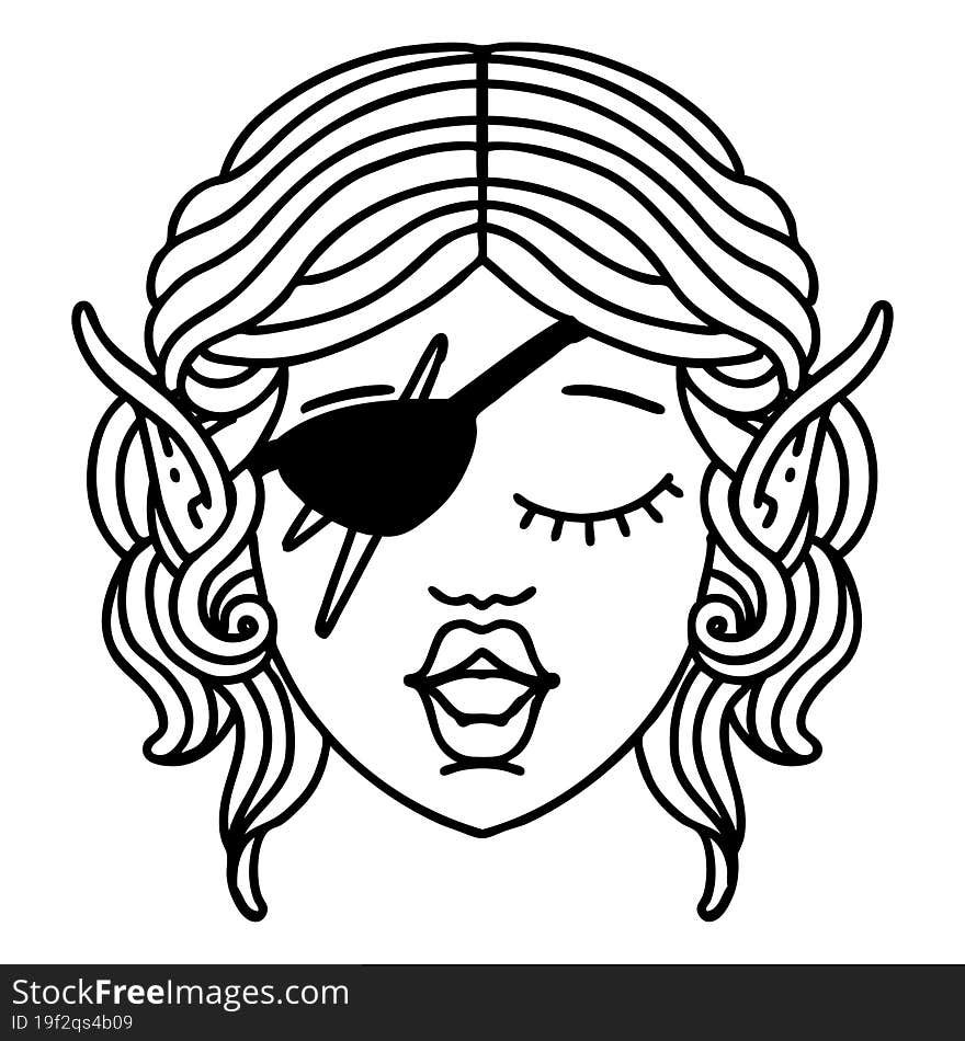 Black and White Tattoo linework Style elf rogue character face. Black and White Tattoo linework Style elf rogue character face