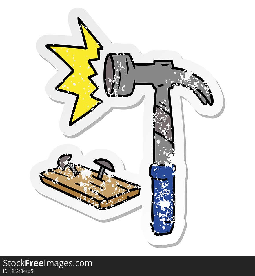 distressed sticker cartoon doodle of a hammer and nails