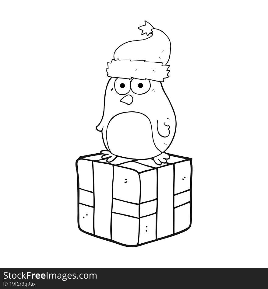 black and white cartoon robin on present