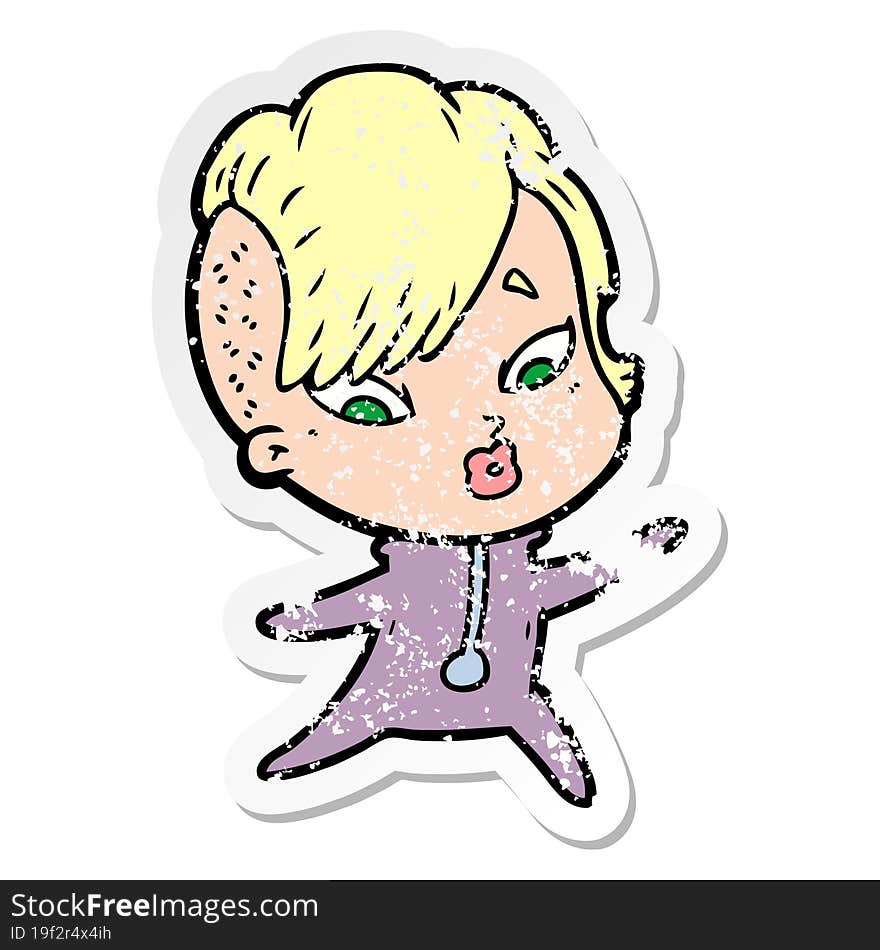 distressed sticker of a cartoon surprised girl in science fiction clothes