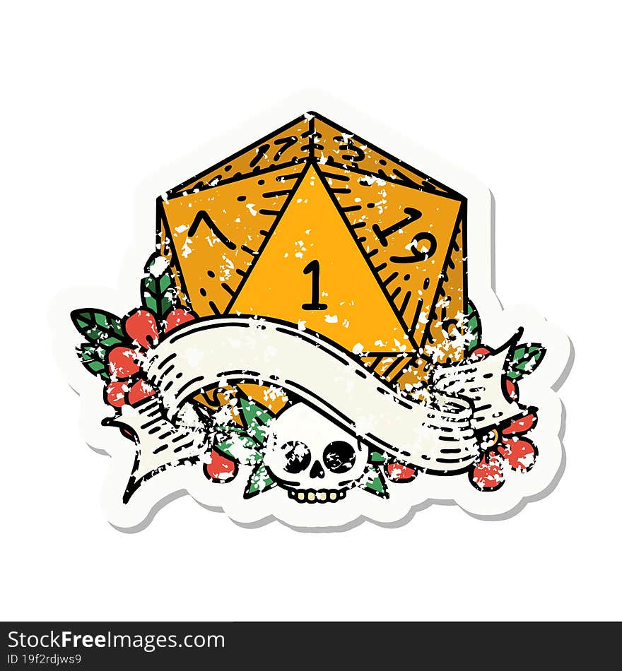 grunge sticker of a natural one d20 dice roll. grunge sticker of a natural one d20 dice roll