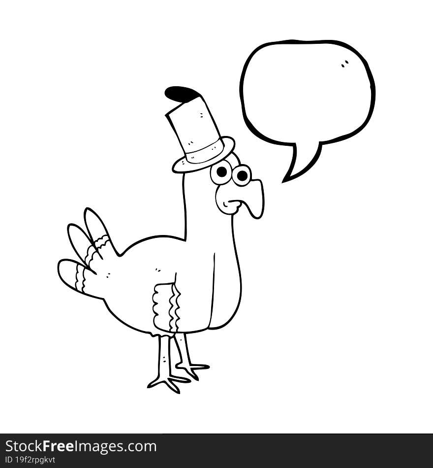 freehand drawn speech bubble cartoon bird wearing top hat