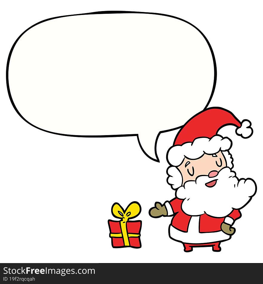 Cartoon Santa Claus And Present And Speech Bubble