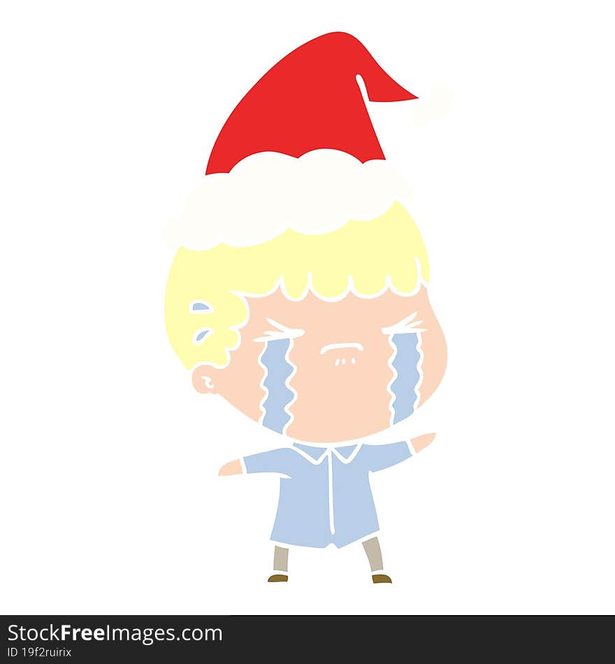 flat color illustration of a man crying wearing santa hat