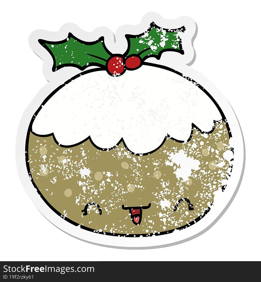 distressed sticker of a cute cartoon christmas pudding