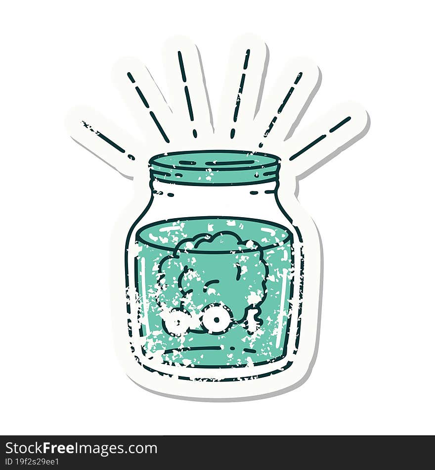 worn old sticker of a tattoo style brain in jar. worn old sticker of a tattoo style brain in jar