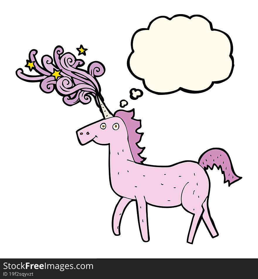 cartoon magical unicorn with thought bubble