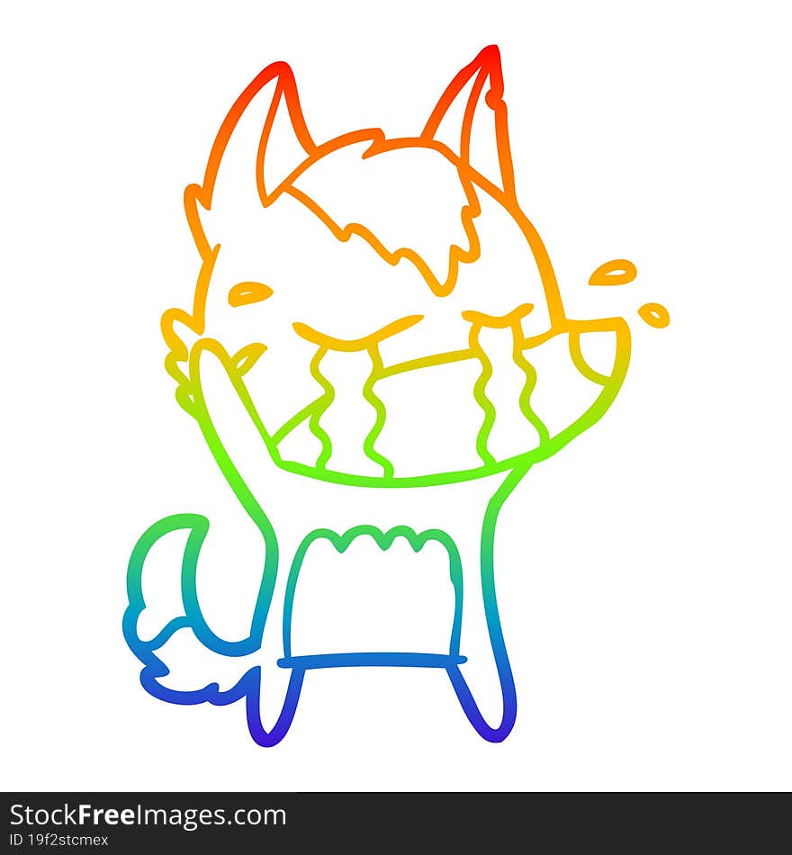 rainbow gradient line drawing of a cartoon crying wolf