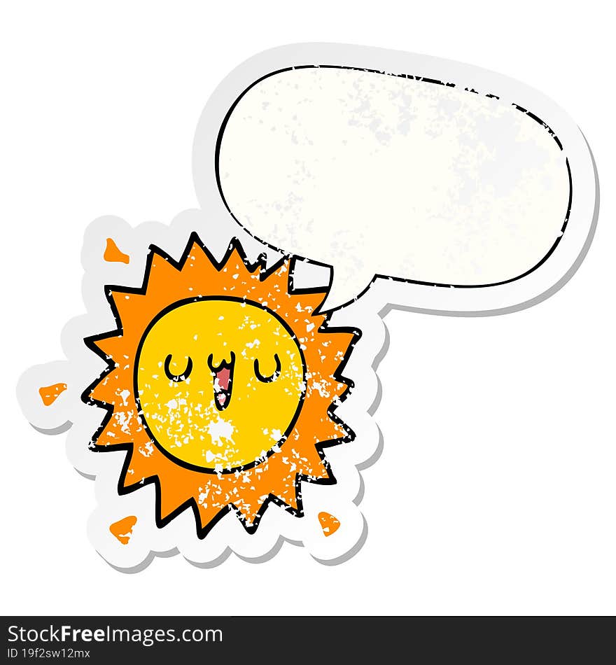 cartoon sun with speech bubble distressed distressed old sticker. cartoon sun with speech bubble distressed distressed old sticker