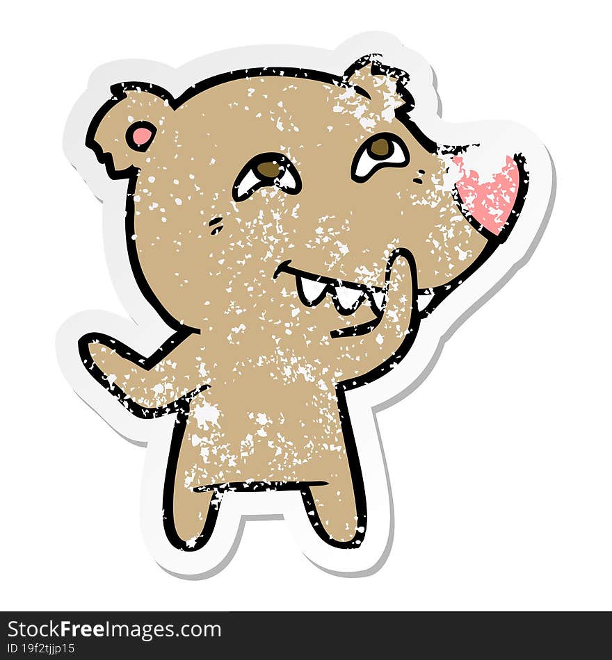 distressed sticker of a cartoon bear showing teeth