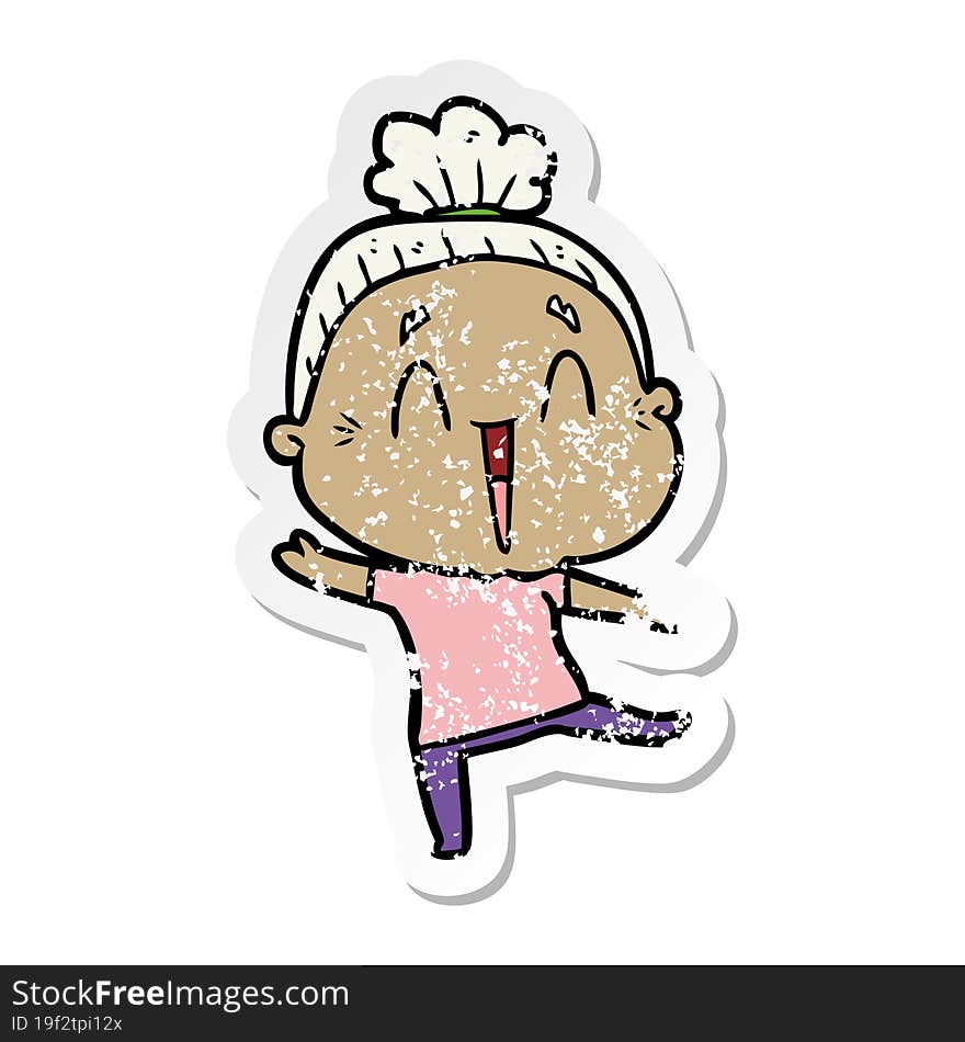 Distressed Sticker Of A Cartoon Happy Old Lady