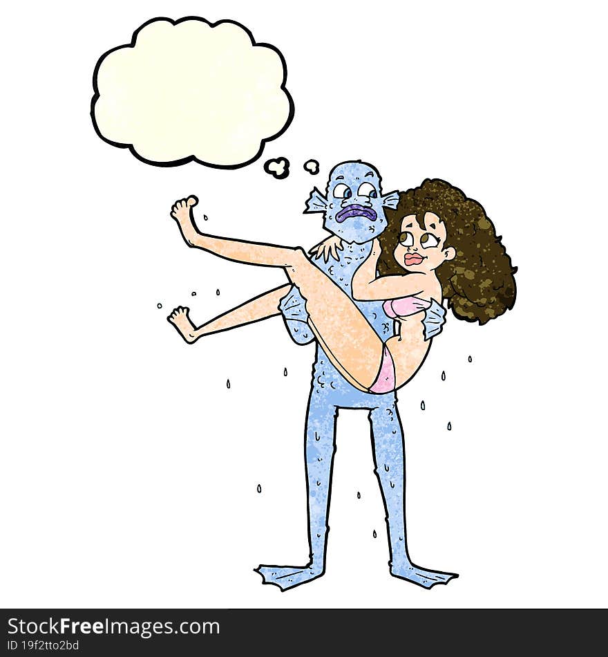 cartoon swamp monster carrying woman in bikini with thought bubble