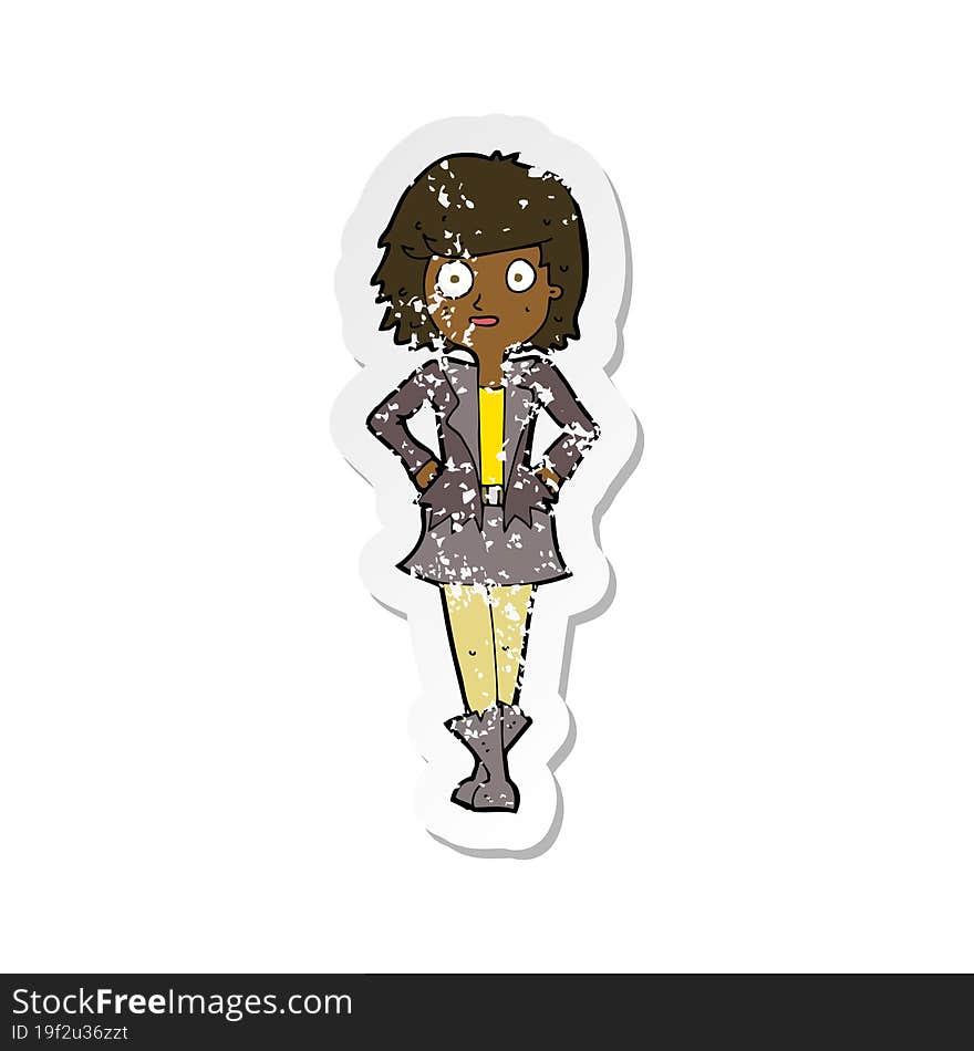 retro distressed sticker of a cartoon girl in jacket