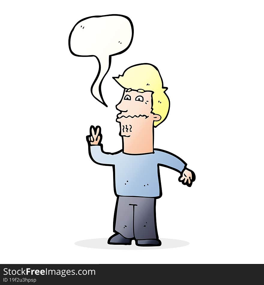 cartoon man giving peace sign with speech bubble