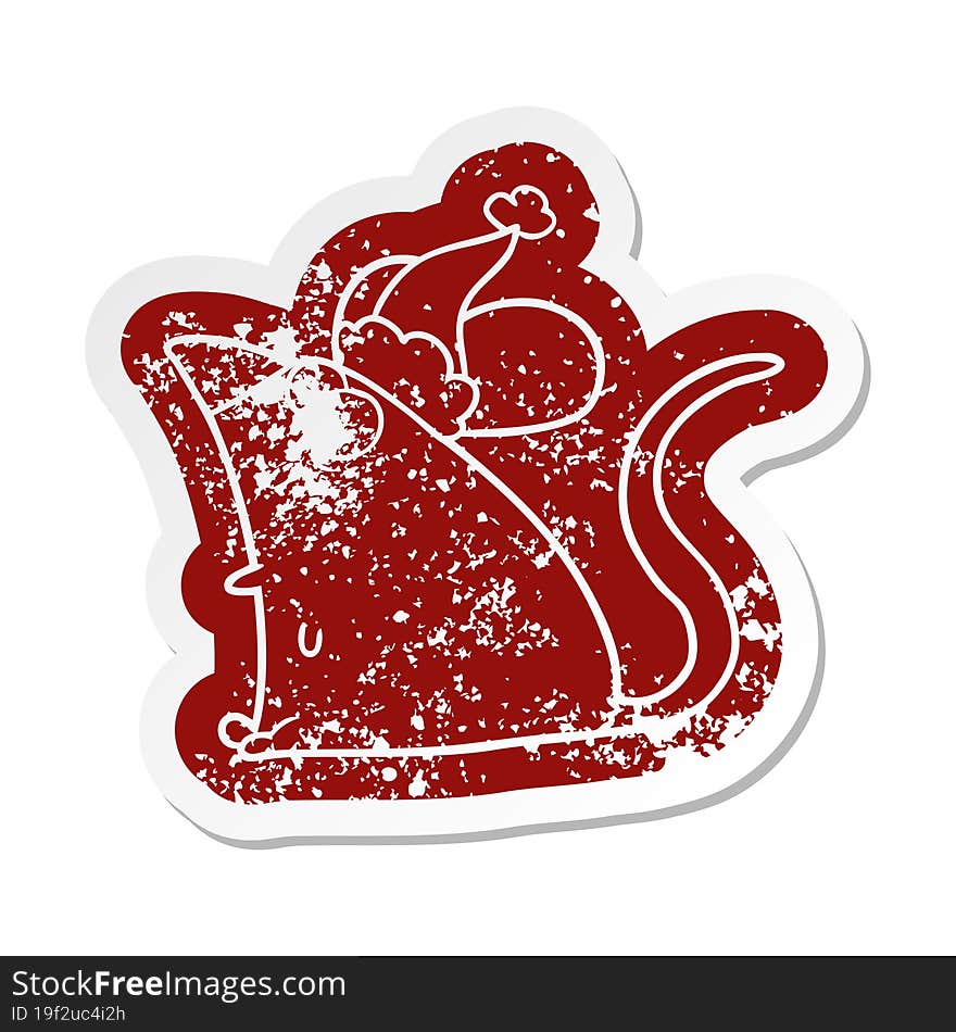 Cartoon Distressed Sticker Of A Frightened Mouse Wearing Santa Hat