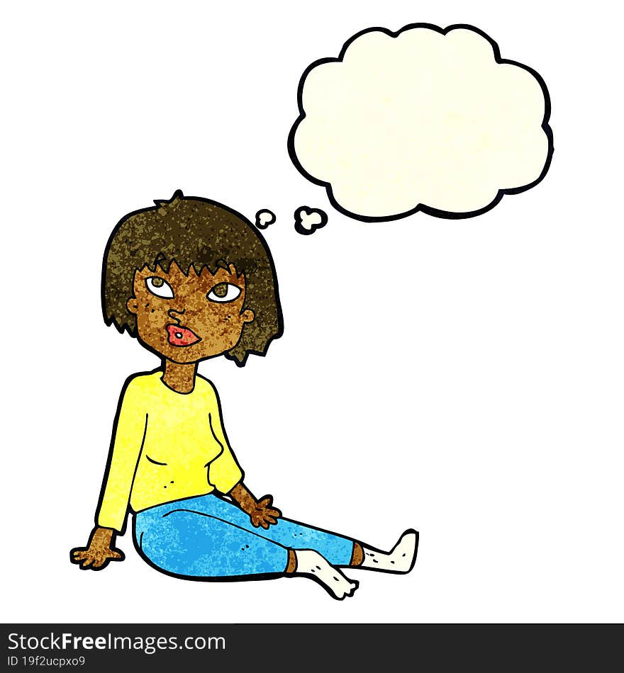 cartoon woman sitting on floor with thought bubble