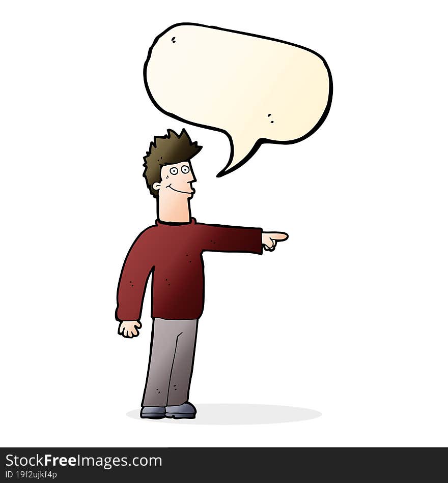 cartoon happy pointing man with speech bubble