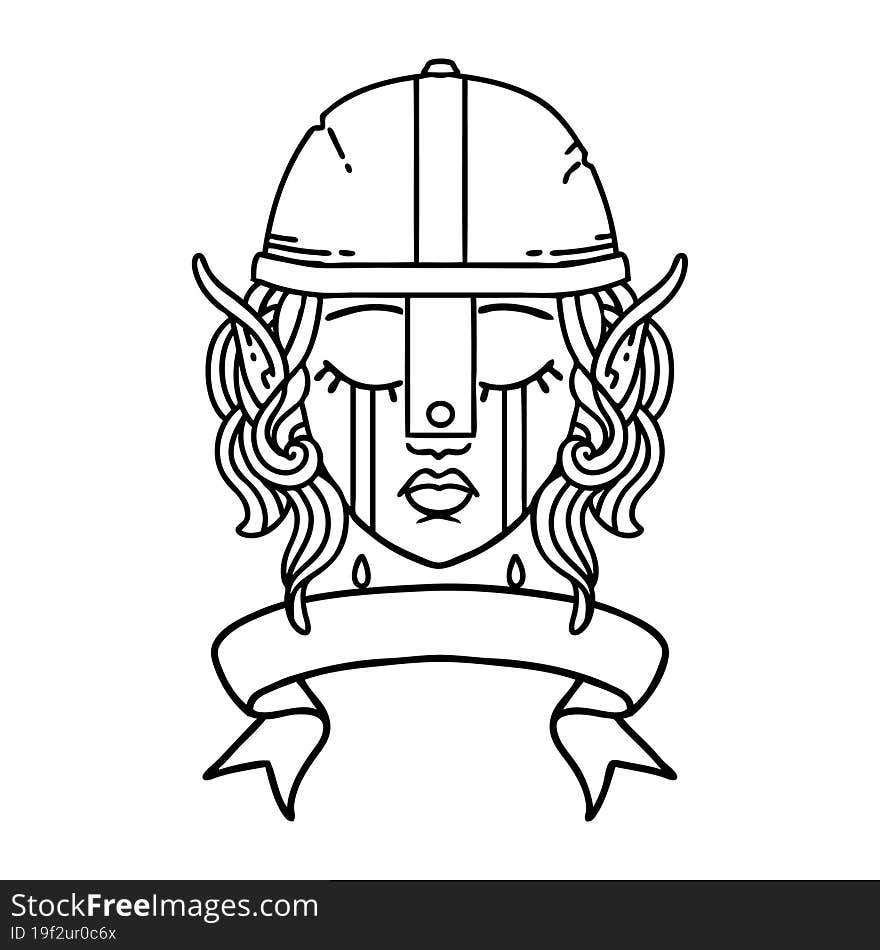 Black and White Tattoo linework Style crying elf fighter character face with banner. Black and White Tattoo linework Style crying elf fighter character face with banner