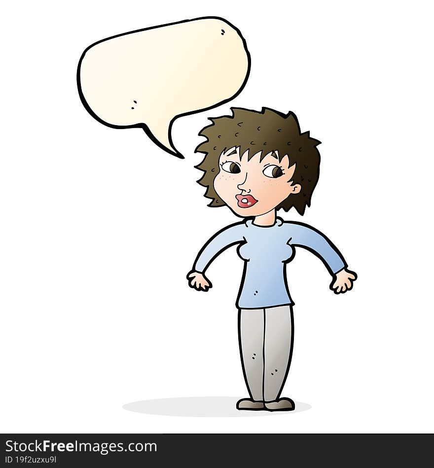 cartoon woman shrugging shoulders with speech bubble