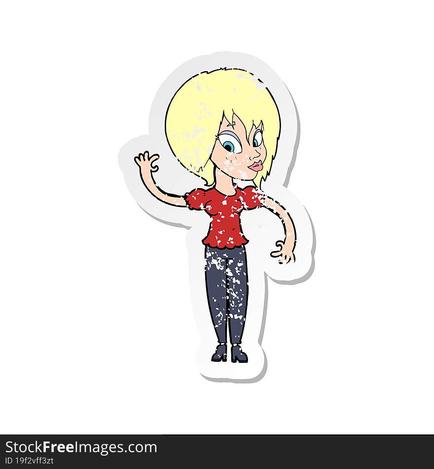 retro distressed sticker of a cartoon woman waving