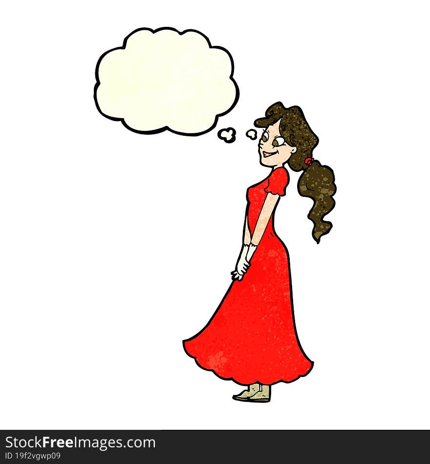 Cartoon Pretty Woman In Dress With Thought Bubble