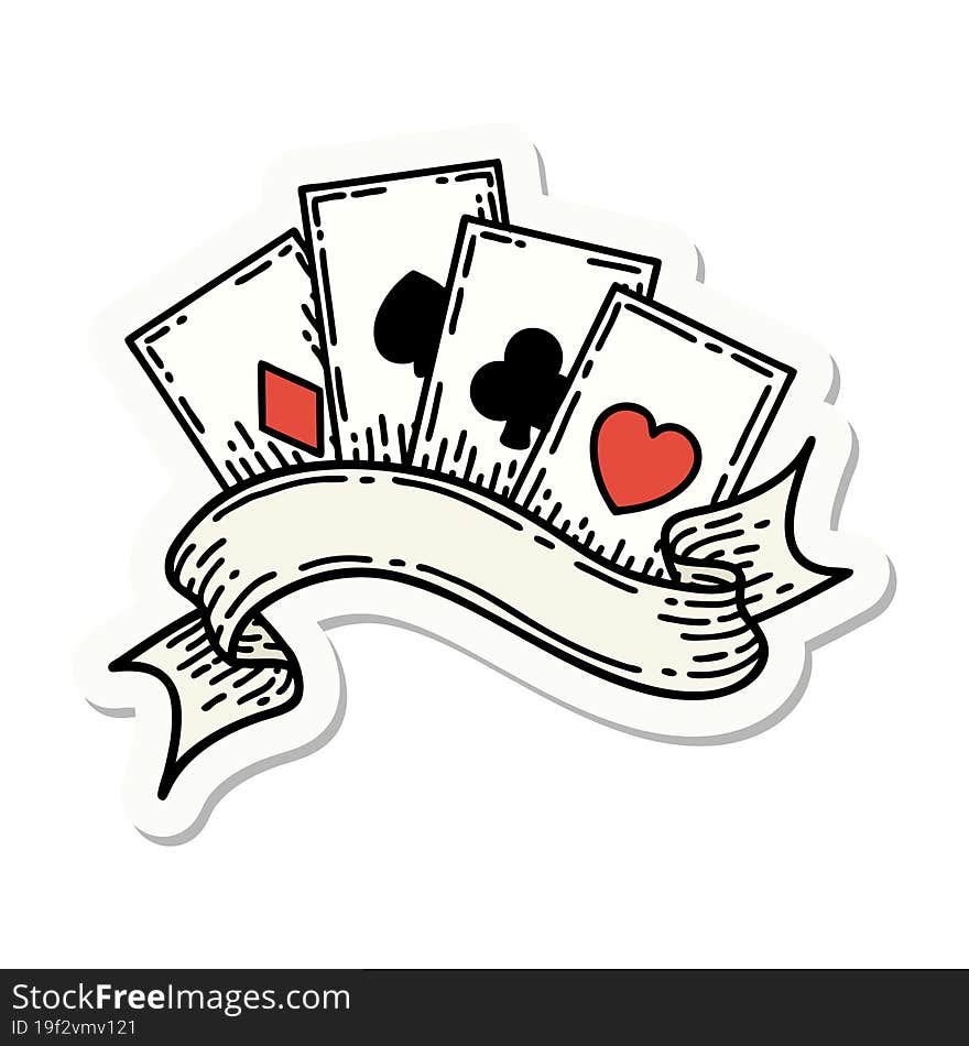 Tattoo Style Sticker Of Cards And Banner