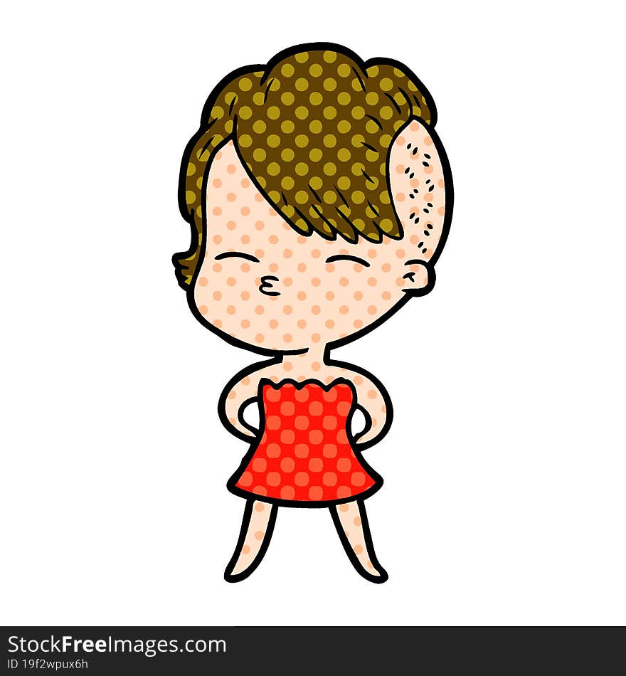 cartoon squinting girl in dress. cartoon squinting girl in dress