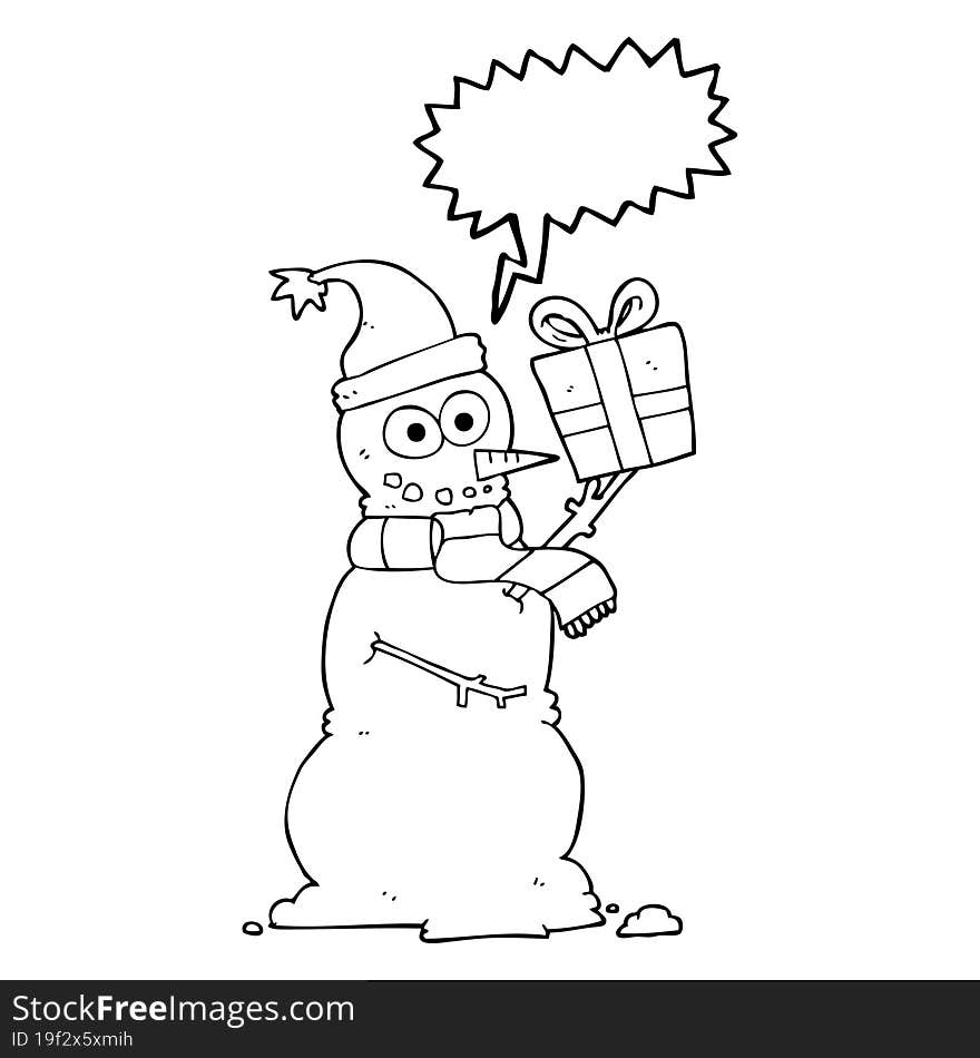 Speech Bubble Cartoon Snowman Holding Present