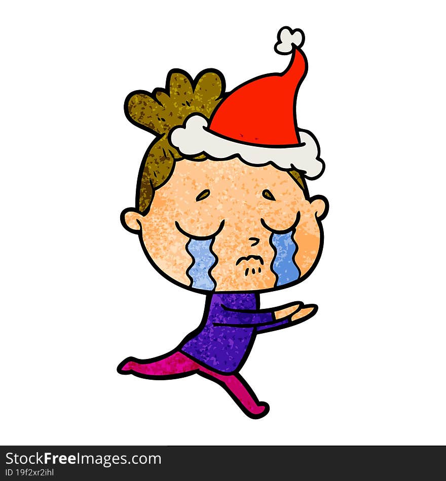 textured cartoon of a crying woman wearing santa hat