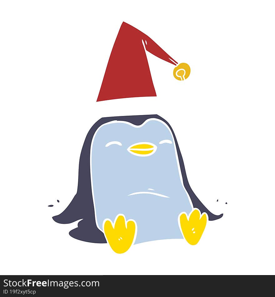 flat color style cartoon penguin wearing christmas hat