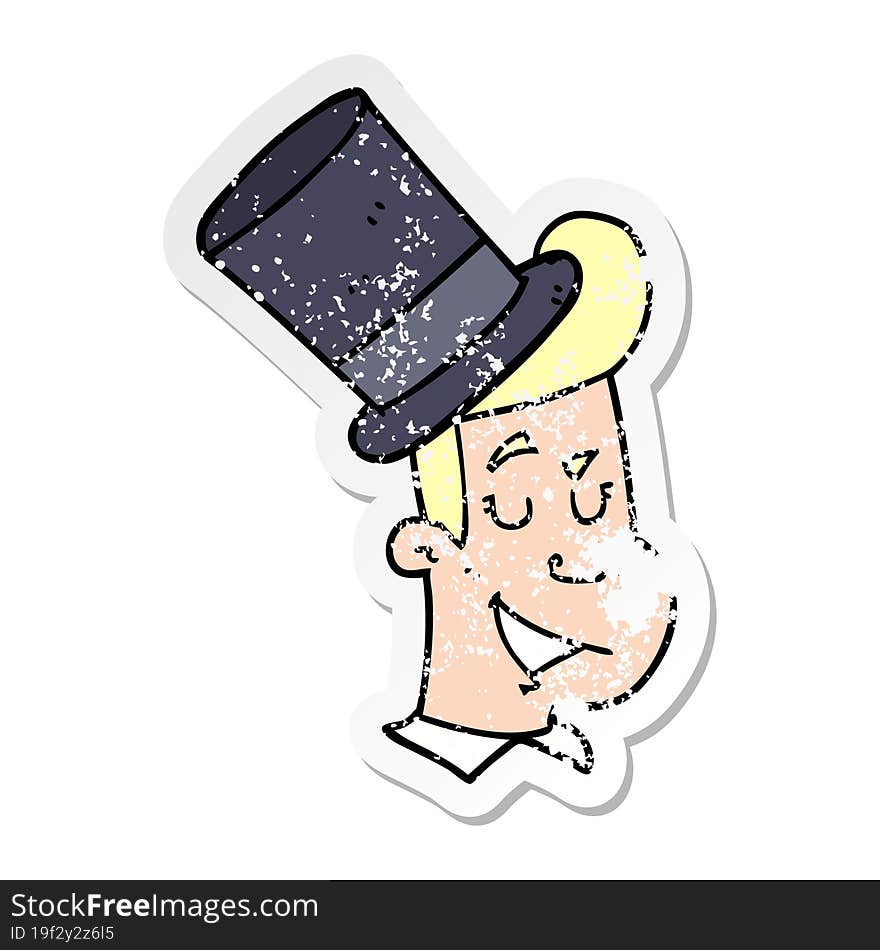 distressed sticker of a cartoon man wearing top hat