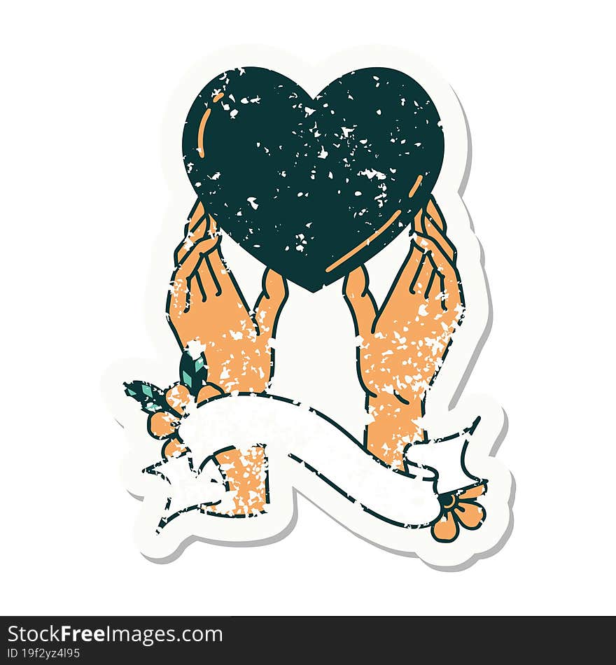 grunge sticker with banner of a hands reaching for a heart