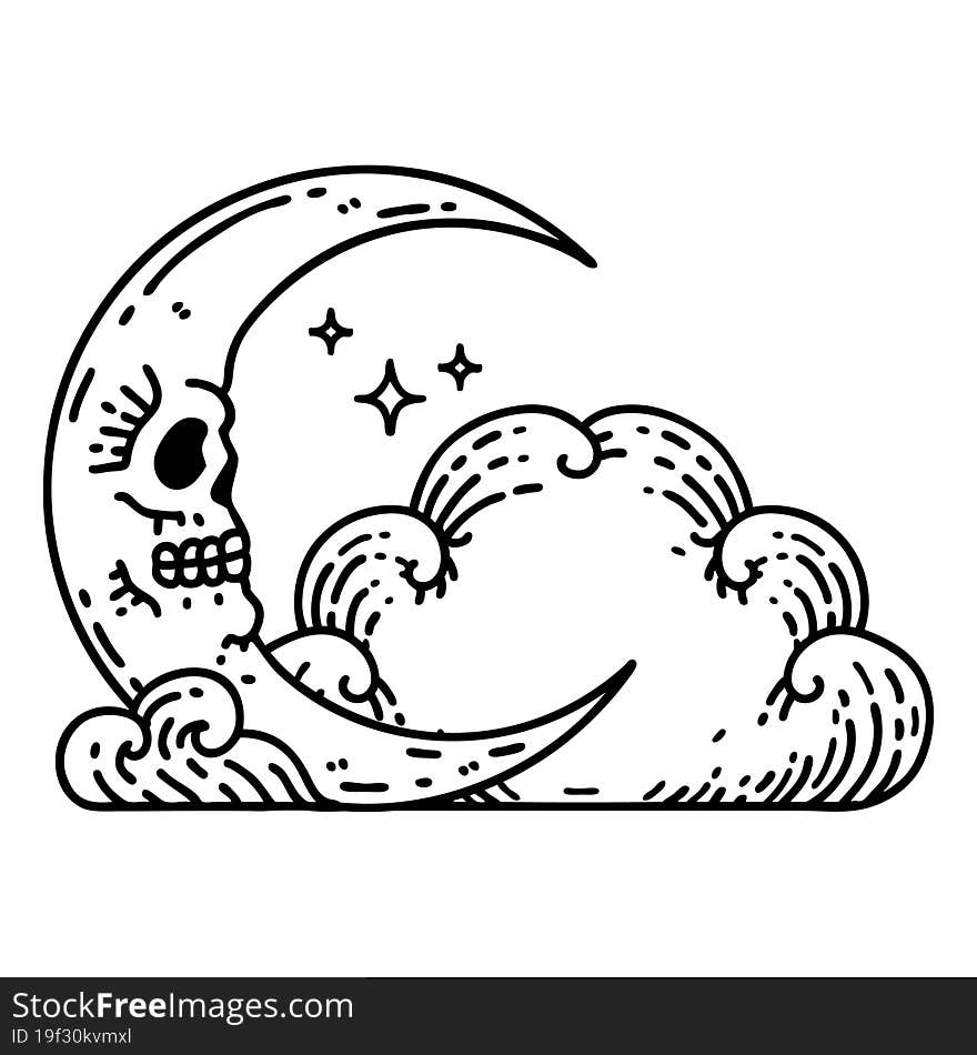 tattoo in black line style of a skull crescent moon and clouds. tattoo in black line style of a skull crescent moon and clouds