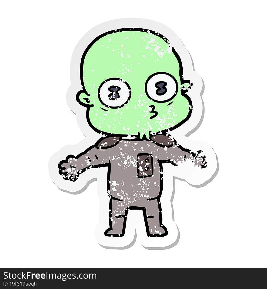 distressed sticker of a cartoon weird bald spaceman