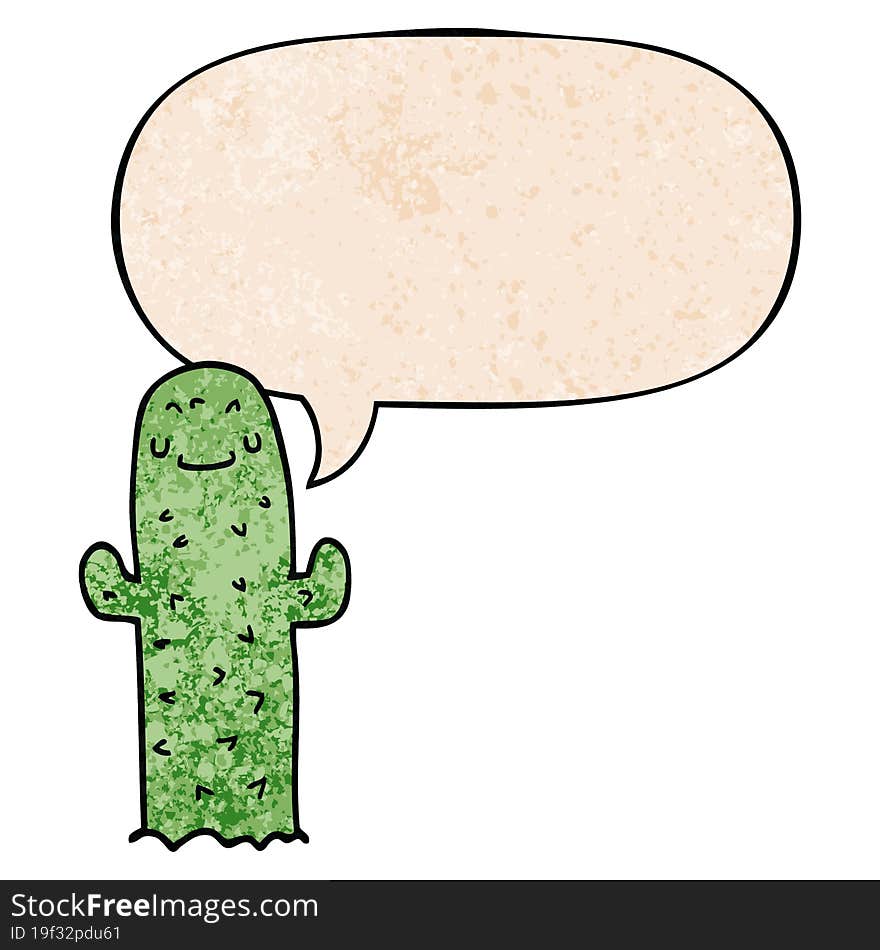 cartoon cactus and speech bubble in retro texture style