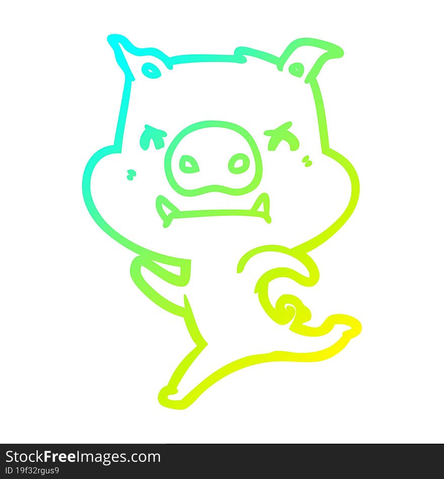 cold gradient line drawing angry cartoon pig charging