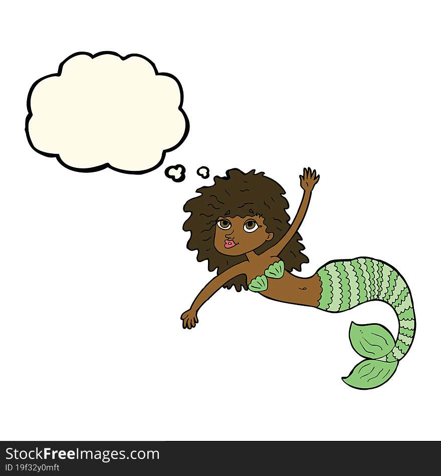 cartoon pretty mermaid waving with thought bubble