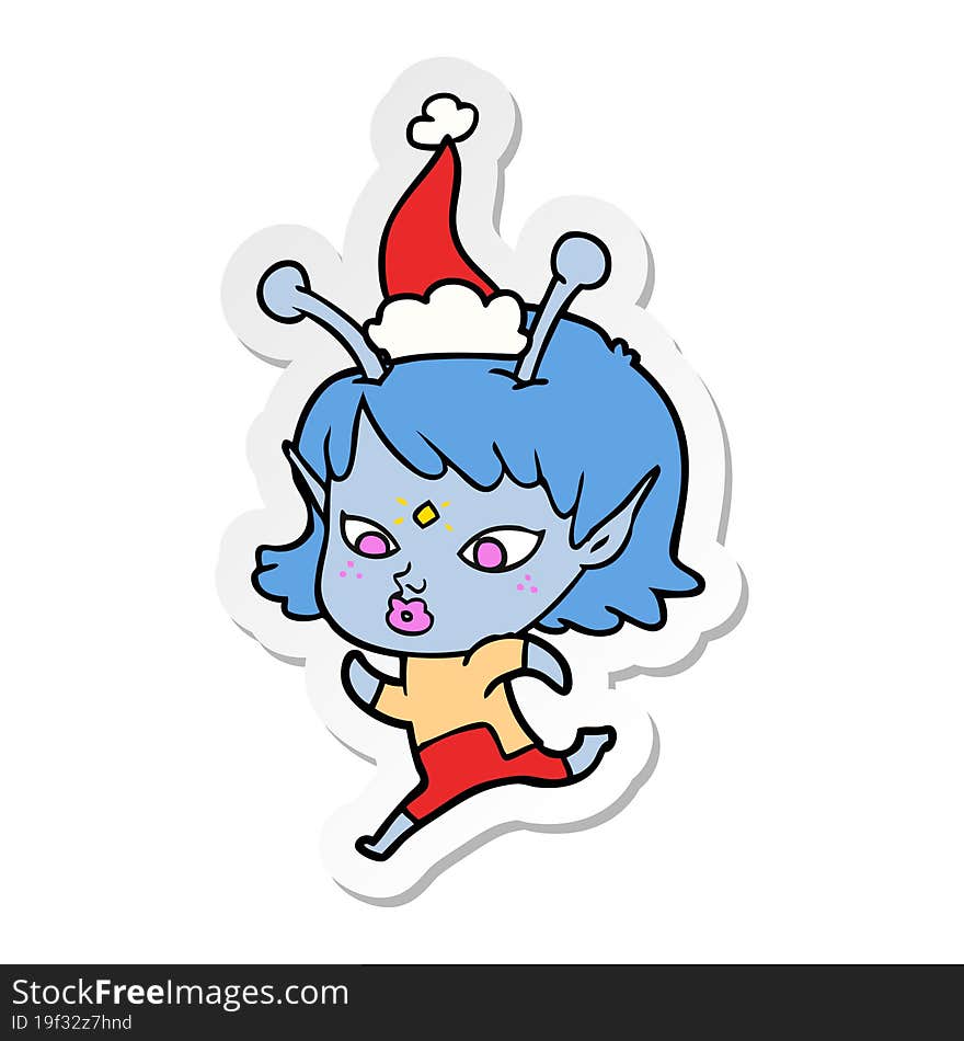 pretty hand drawn sticker cartoon of a alien girl running wearing santa hat