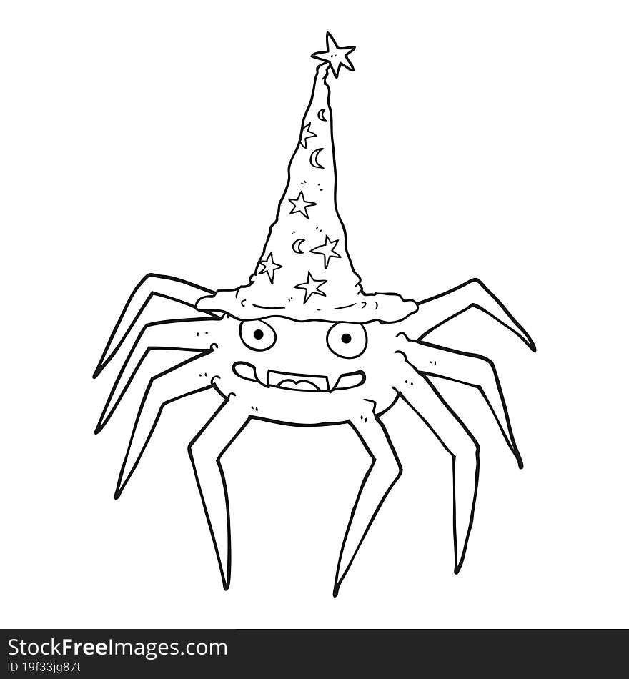 black and white cartoon halloween spider in witch hat