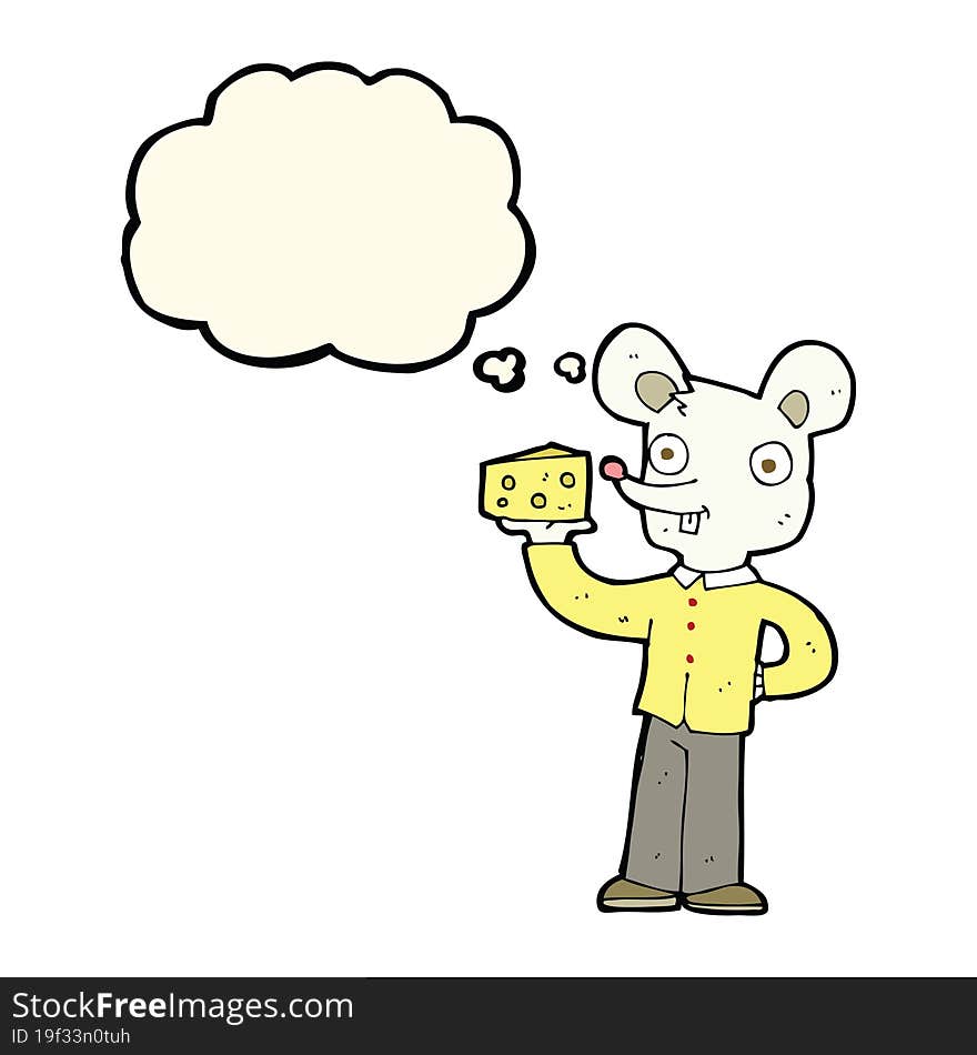 cartoon mouse holding cheese with thought bubble