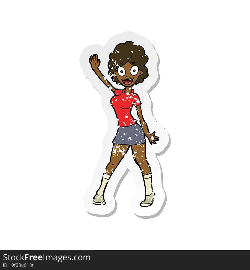 retro distressed sticker of a cartoon woman dancing