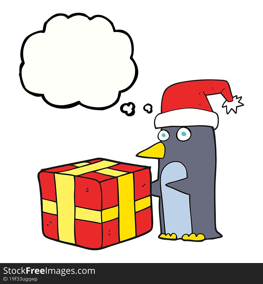 freehand drawn thought bubble cartoon christmas penguin with present