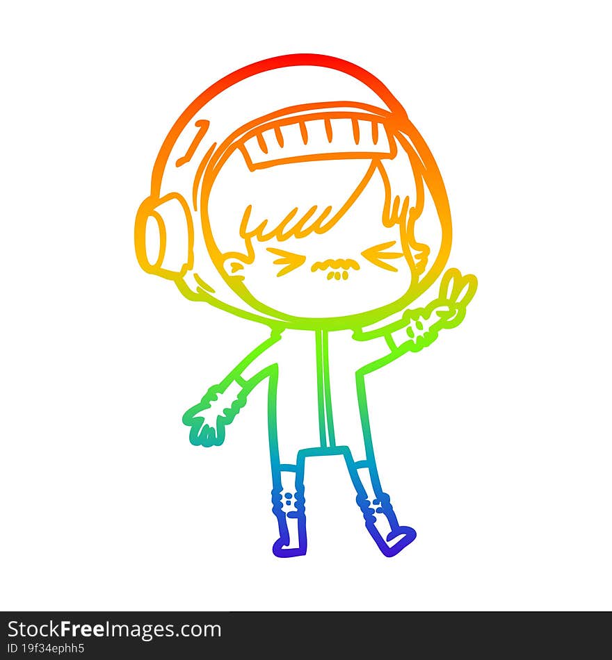 rainbow gradient line drawing of a angry cartoon space girl holding up two fingers