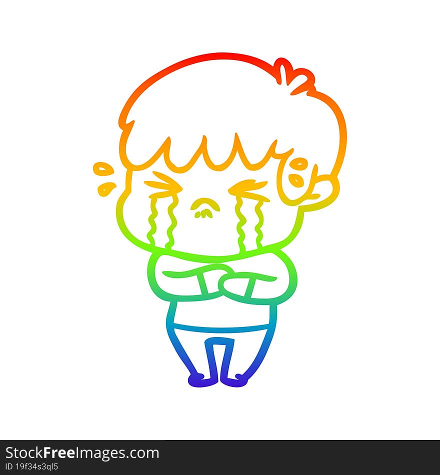 rainbow gradient line drawing of a cartoon boy crying