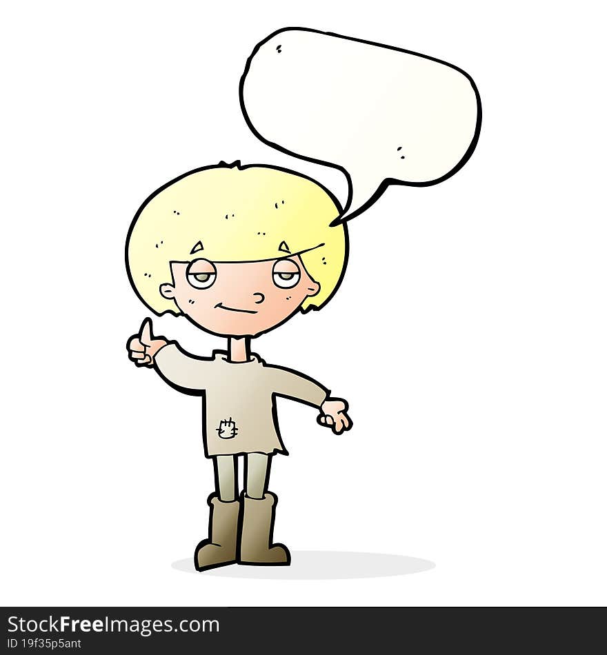 cartoon boy in poor clothing giving thumbs up symbol with speech bubble