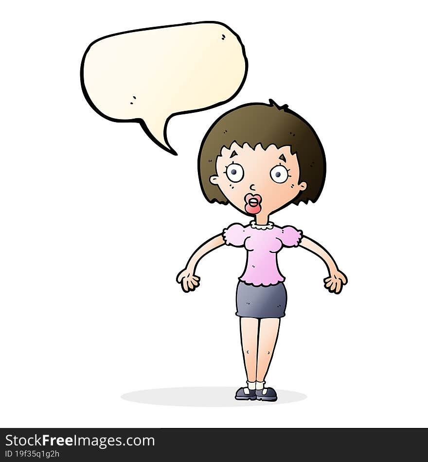 cartoon confused woman shrugging shoulders with speech bubble