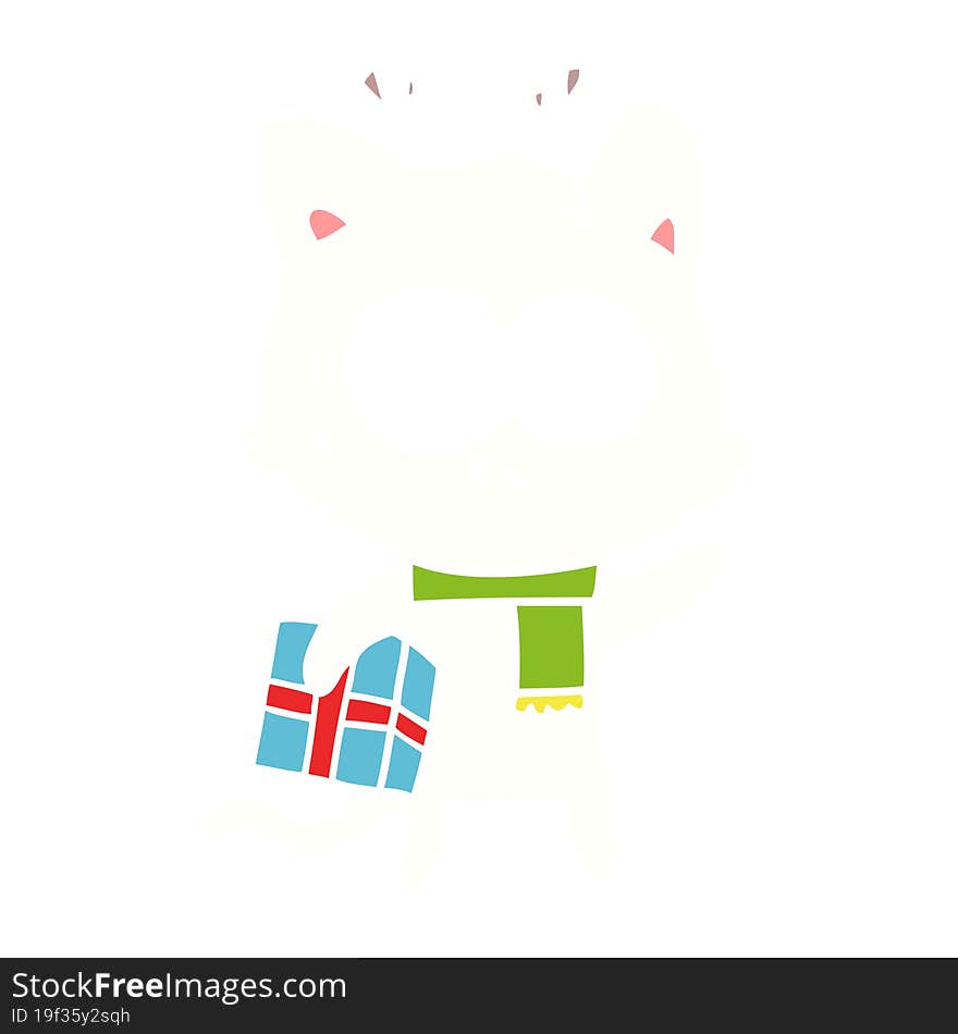 flat color style cartoon surprised cat with christmas present