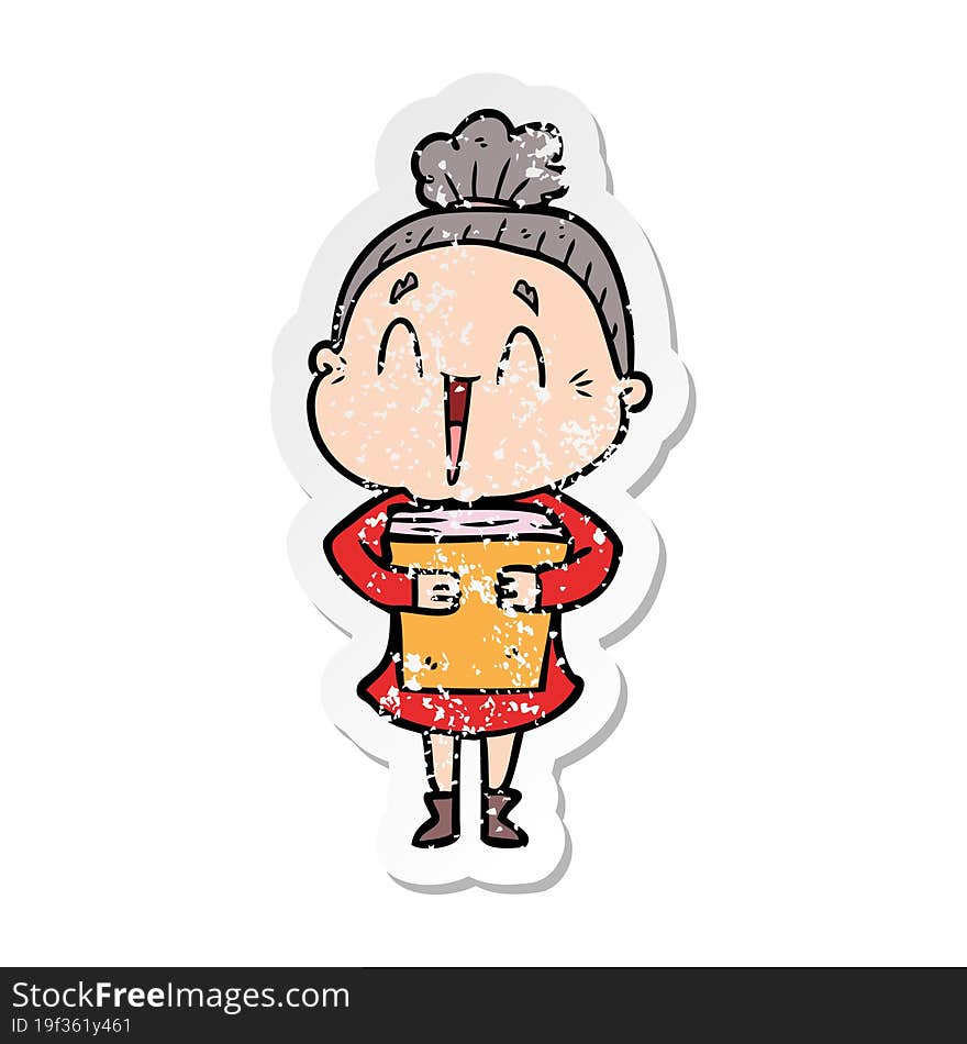 Distressed Sticker Of A Cartoon Happy Old Lady